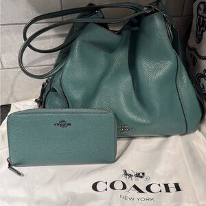Coach Teal Leather Shoulder Bag and Wallet